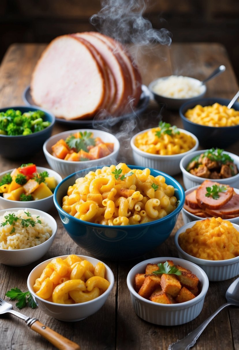 A steaming bowl of macaroni and cheese surrounded by 20 different side dishes for ham, arranged on a rustic wooden table
